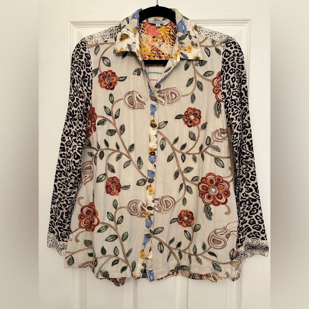 John Mark Point Collar Long Sleeve Embroidered Front Button Mixed Print Tunic